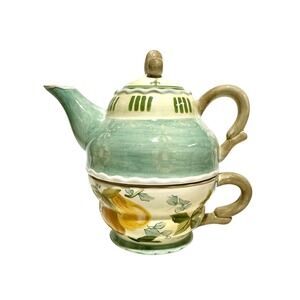 "Tea For One" Teapot Cup Set Hand Painted Ceramic, Tracy Porter "Vintage Pear"